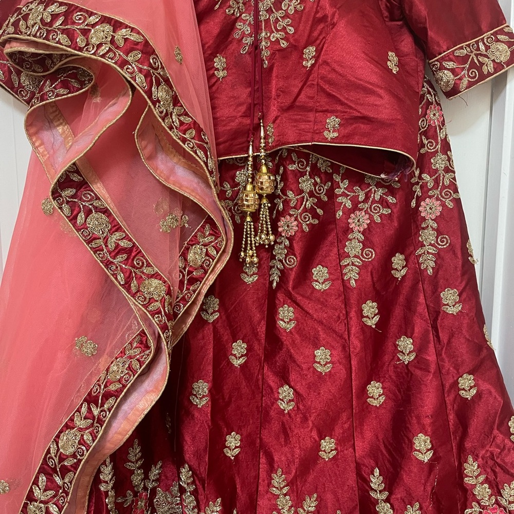 Red & Coral Embroidered Lehenga Set with Gold Detailing